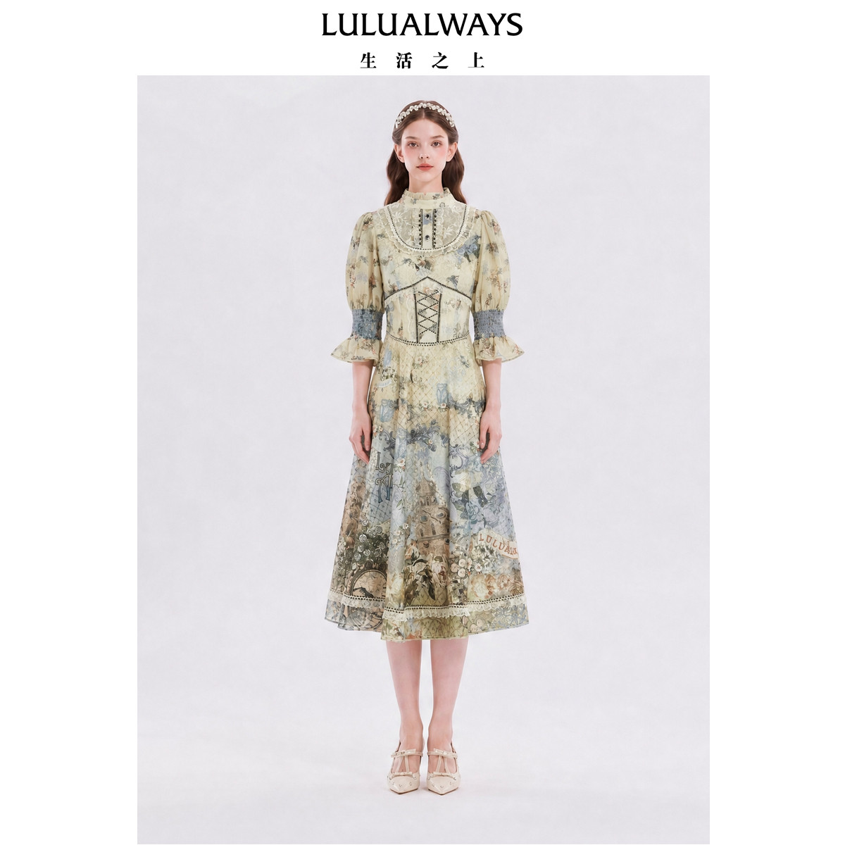 LULUALWAYS【商场同款】26秋季新款法式复古油画长袖蕾丝连衣裙