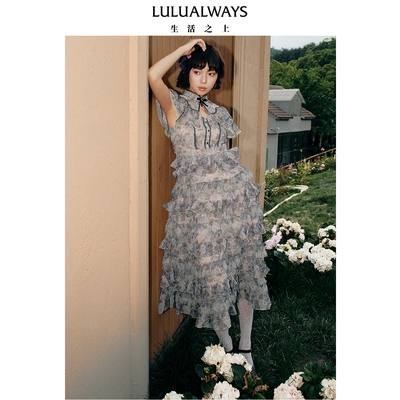 LULUALWAYS【商场同款】25夏季新款优雅复古雪纺层叠蛋糕裙连衣裙