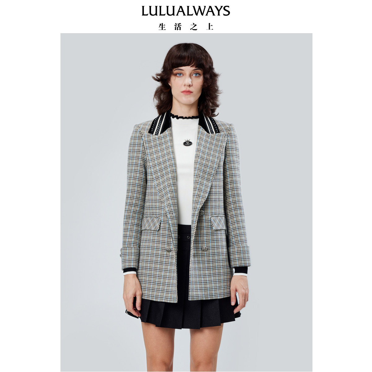 LULUALWAYS【商场同款】秋季百搭复古显瘦拼接格纹西装外套