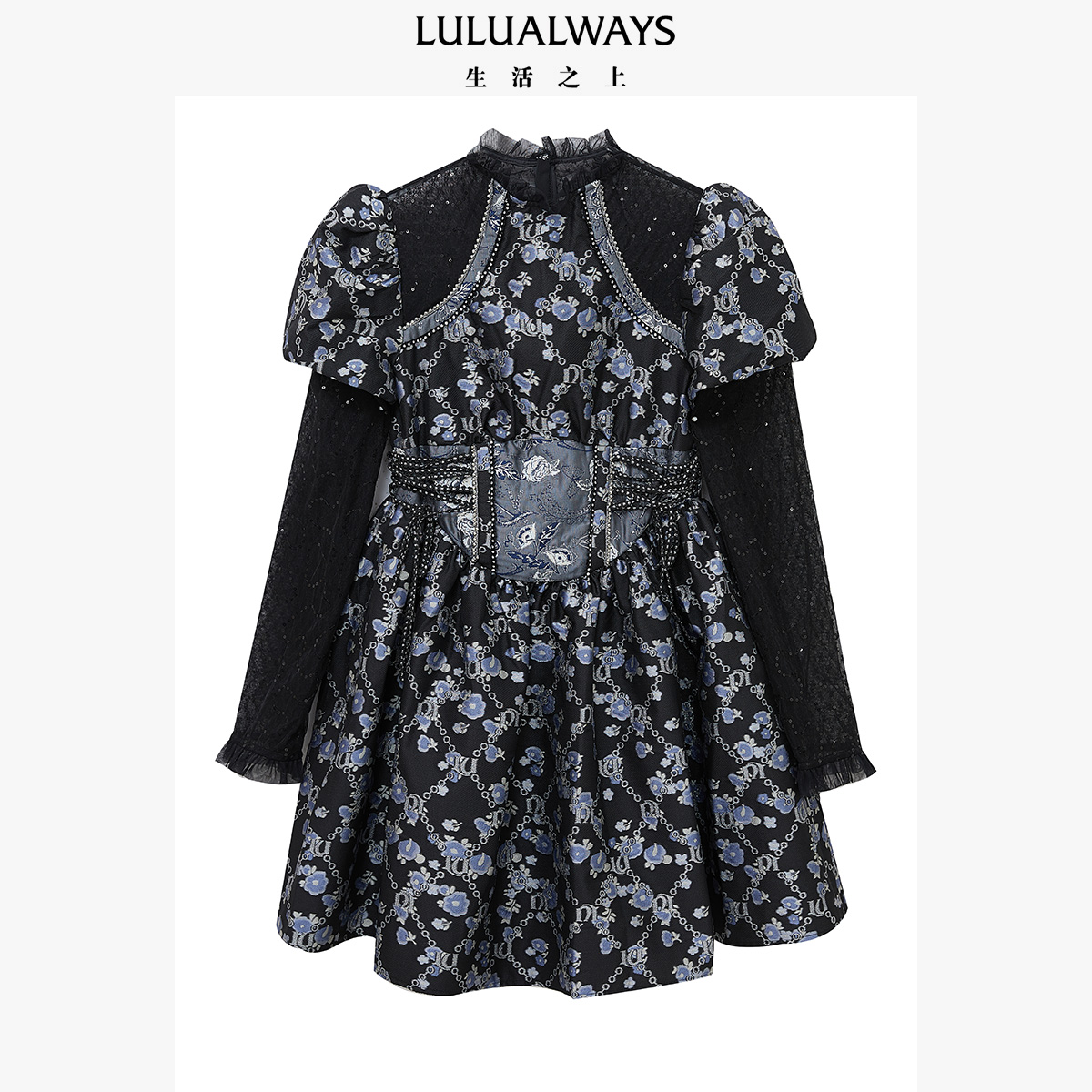 LULUALWAYS我爱露露 新款甜美公主风黑色网纱长袖短款连衣裙