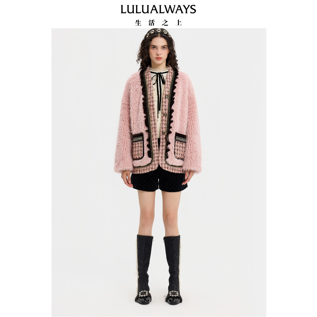 LULUALWAYS【芷琰同款】冬季新款气质优雅毛绒荷叶边粉色外套