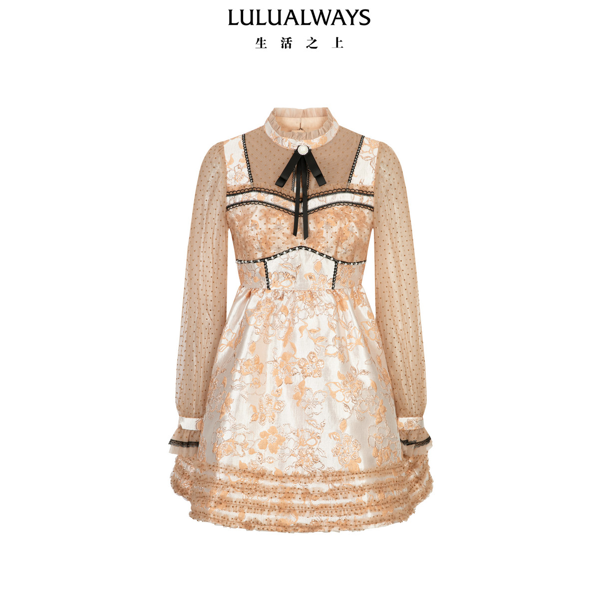LULUALWAYS我爱露露26春季新款法式公主风收腰香槟色短款连衣裙