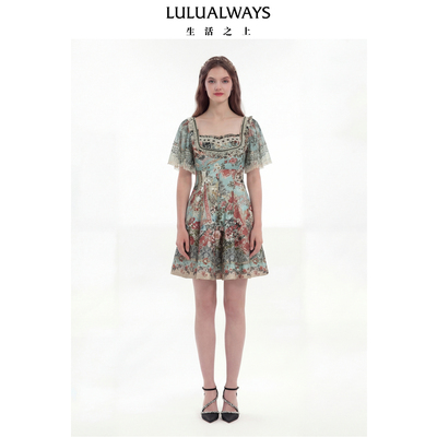LULUALWAYS【商场同款】26夏季新款法式轻奢收腰方领短款连衣裙