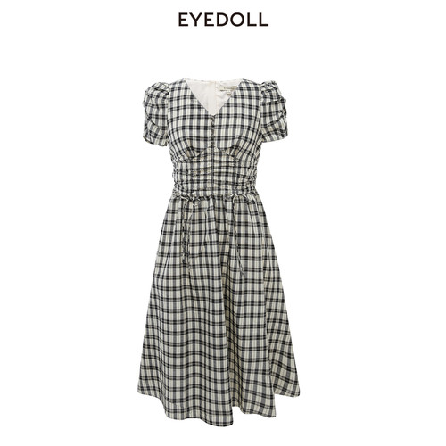 EYEDOLL夏季新款时尚大方高腰格子V领中长款连衣裙