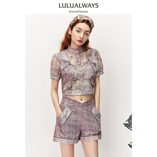 上衣 LULUALWAYS 我爱露露 法式 甜美小香风气质网纱高腰小个子短款