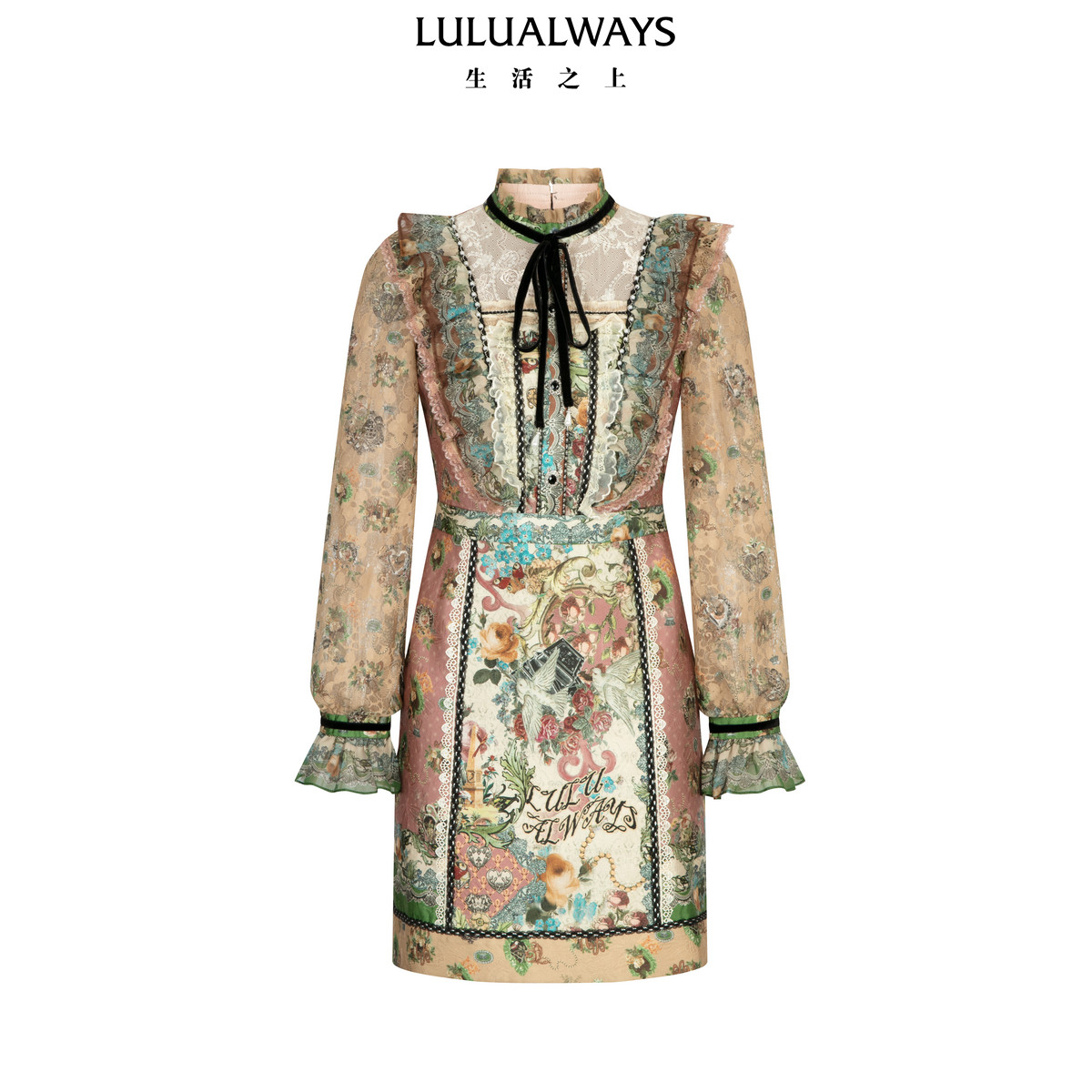 LULUALWAYS【商场同款】26春季新款浪漫泡泡提花收腰连衣裙