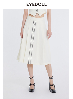 EYEDOLL夏季新款时尚洋气白色长款经典百褶半身裙