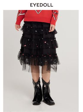 EYEDOLL新款甜美设计感黑色网纱蛋糕长半裙