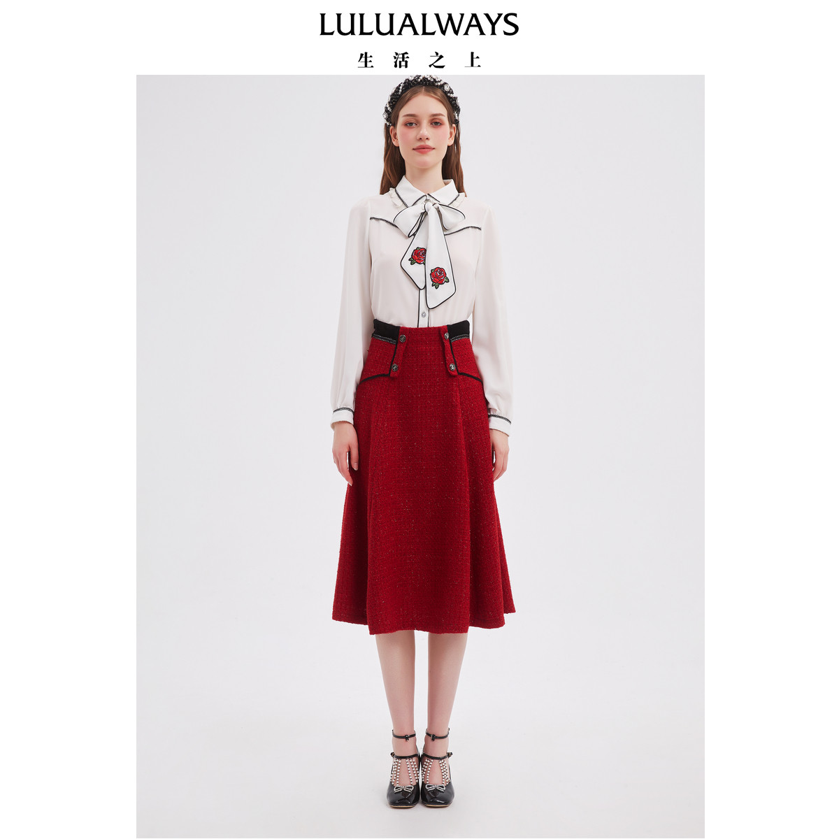 LULUALWAYS我爱露露25秋季新款甜美学院优雅玫瑰刺绣设计长袖衬衫