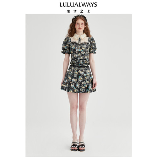 LULUALWAYS【商场同款】甜美蕾丝复古印花泡泡袖衬衫女