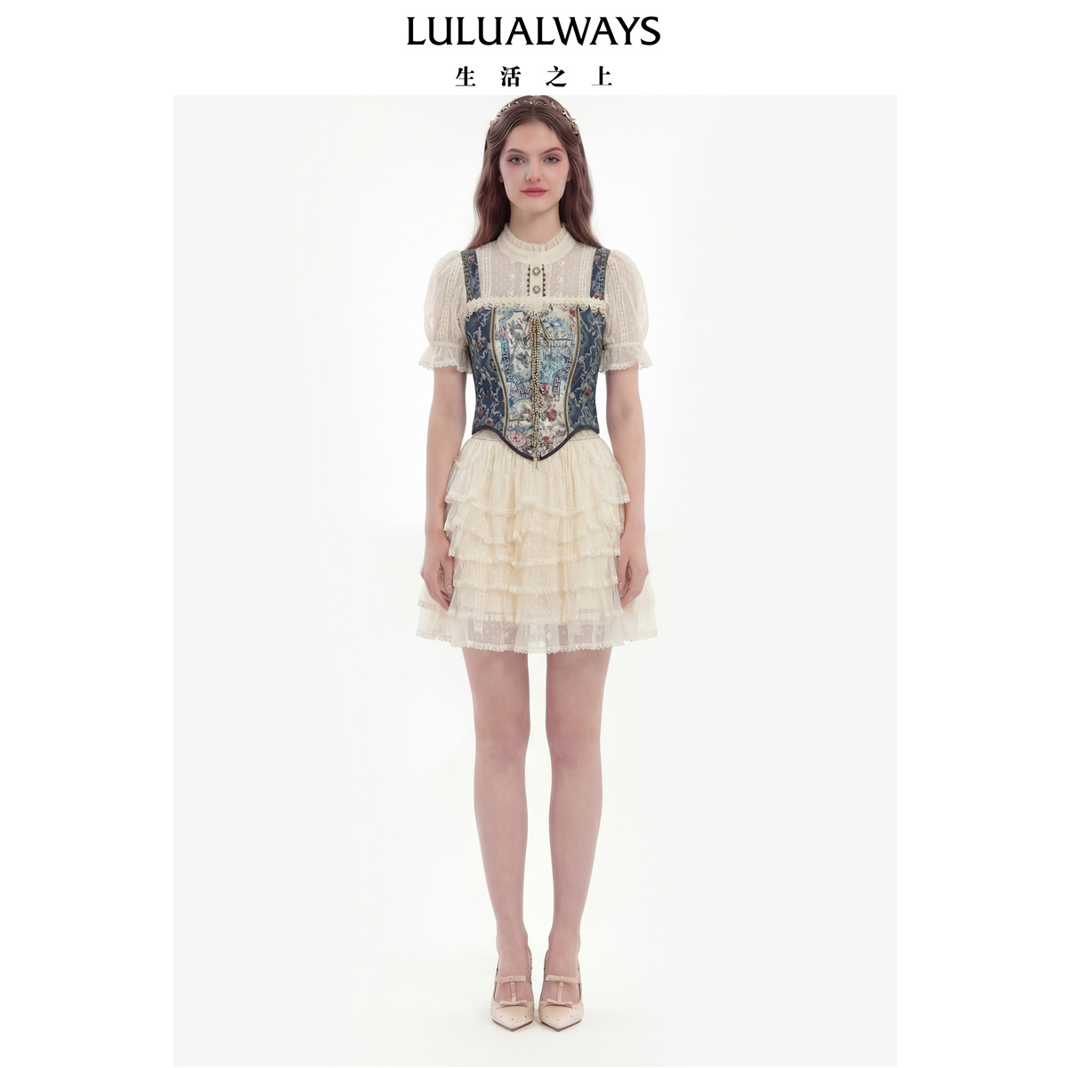LULUALWAYS【商场同款】26夏新【青花瓷之梦】泡泡袖绑带收腰上衣