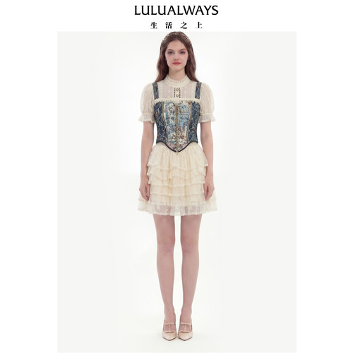 LULUALWAYS【商场同款】26夏新【青花瓷之梦】泡泡袖绑带收腰上衣