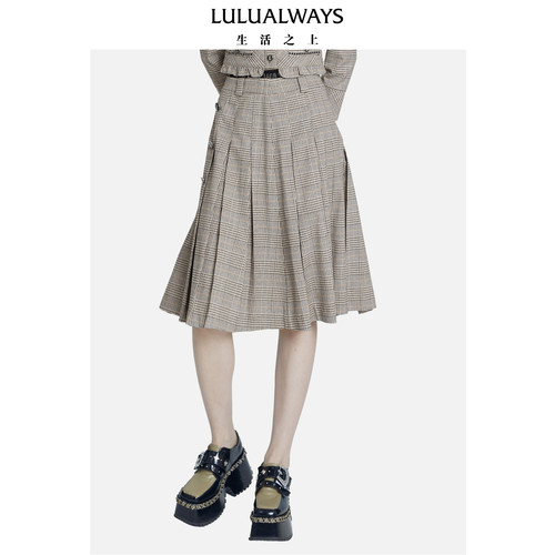 【商场同款】LULUALWAYS23秋季新款时尚高腰显瘦百褶卡其色长半裙
