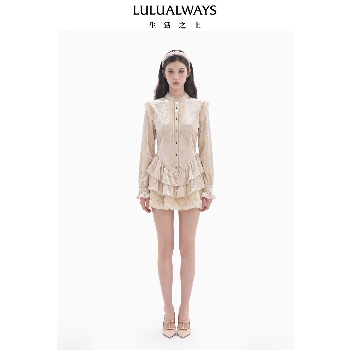 LULUALWAYS【商场同款】26冬季新款复古宫廷甜妹收腰荷叶摆连衣裙