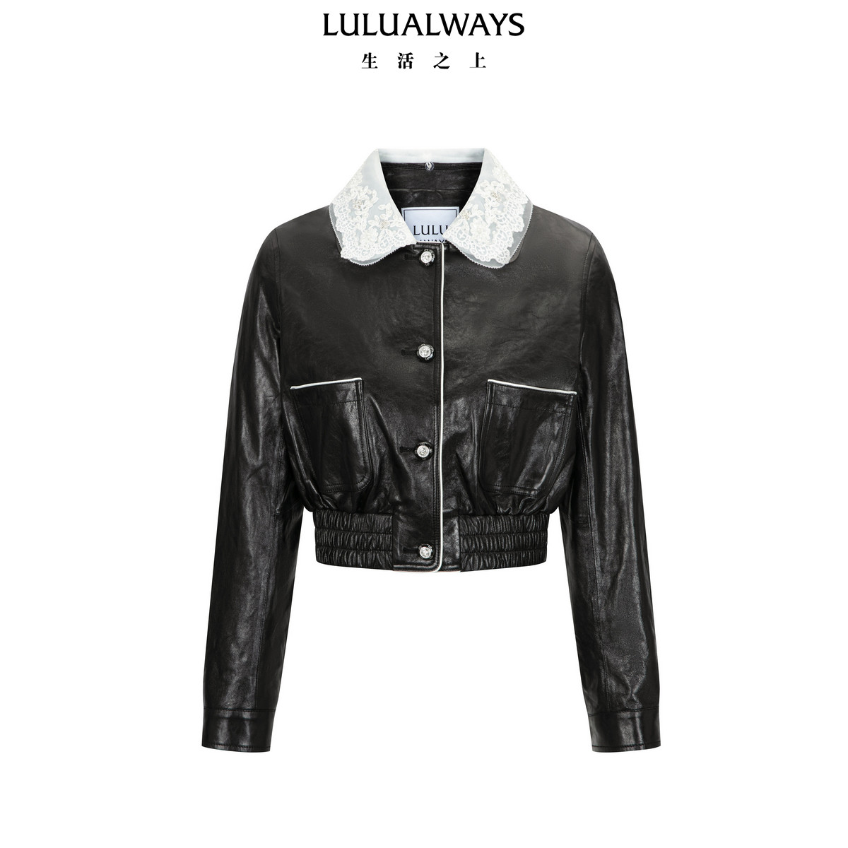 LULUALWAYS【商场同款】26秋季新款甜酷千金风复古黑色羊皮皮衣女