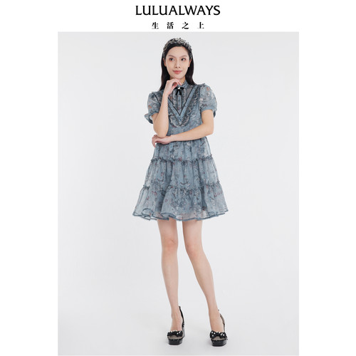 LULUALWAYS我爱露露夏季新款优雅气质梦幻蓝色轻盈欧根纱连衣裙