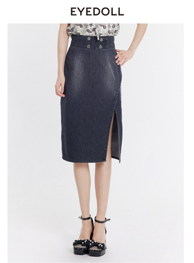 EYEDOLL夏季新款时髦百搭侧开叉中长款牛仔半身裙