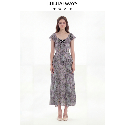 LULUALWAYS我爱露露26夏季新款法式浪漫紫色碎花气质雪纺连衣裙
