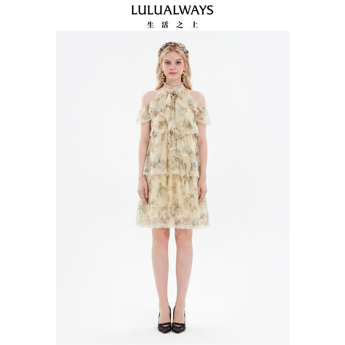 LULUALWAYS【商场同款】26夏季新款法式复古优雅雪纺荷叶边连衣裙
