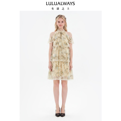 LULUALWAYS【商场同款】26夏季新款法式复古优雅雪纺荷叶边连衣裙