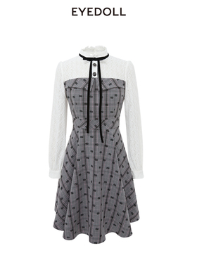 EYEDOLL新款气质温柔格子拼接蕾丝短款连衣裙