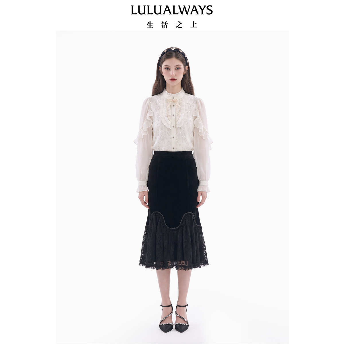 LULUALWAYS我爱露露26冬季新款复古暗黑千金风蕾丝鱼尾半裙半身裙