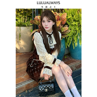 LULUALWAYS我爱露露25冬季 复古蕾丝拼接丝绒优雅浪漫女连衣裙 新款