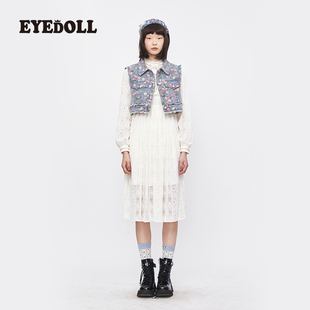 法式 EYEDOLL 甜美薄雾网纱设计感提花蕾丝荷叶边连衣裙长裙子女