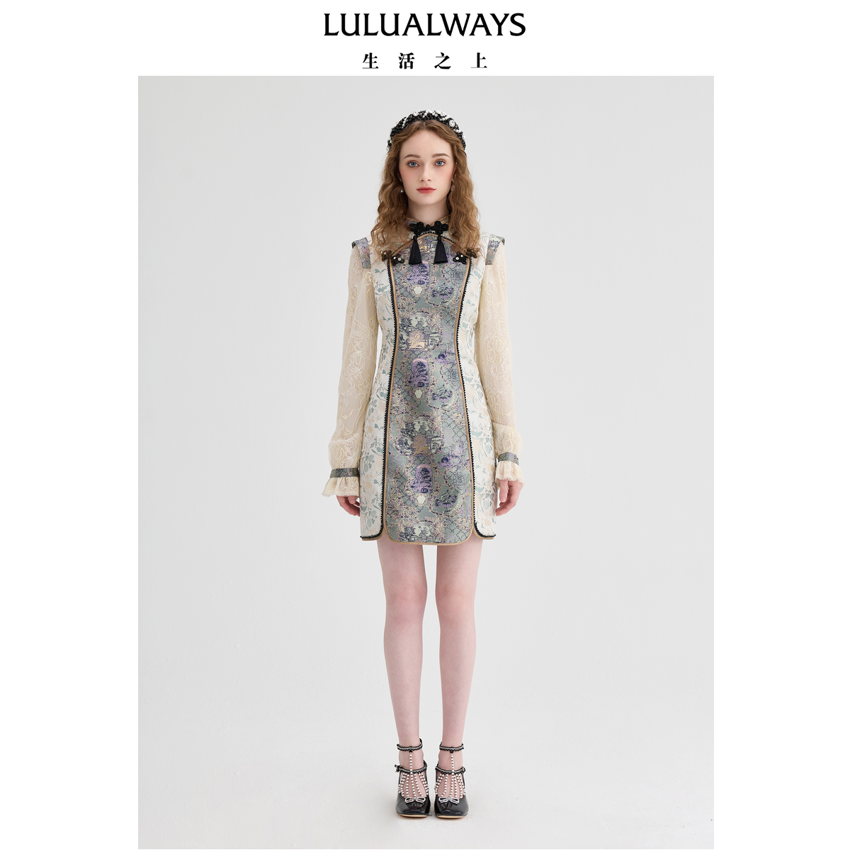 LULUALWAYS【商场同款】秋季新款新中式旗袍蕾丝拼接提花连衣裙