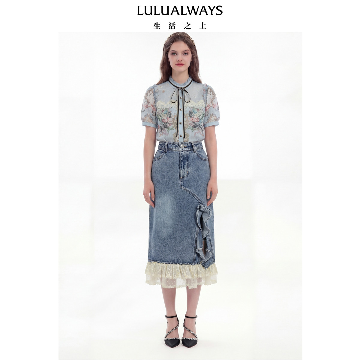LULUALWAYS【商场同款】26夏季新款法式宫廷风清新蓝色短袖衬衫女