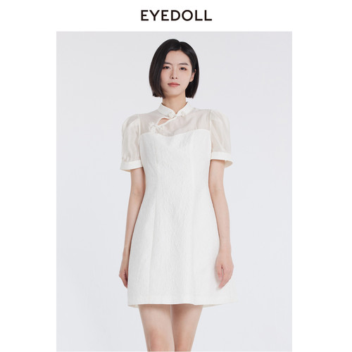EYEDOLL夏季新款改良旗袍新中式泡泡提花连衣裙短