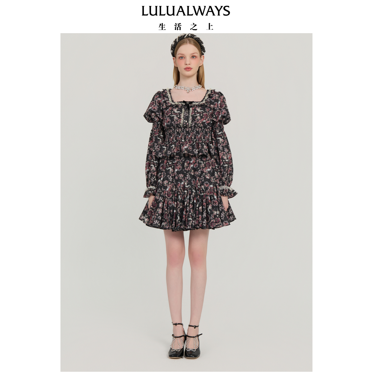 LULUALWAYS【商场同款】25秋季新款复古田园俏皮印花方领上衣衬衫