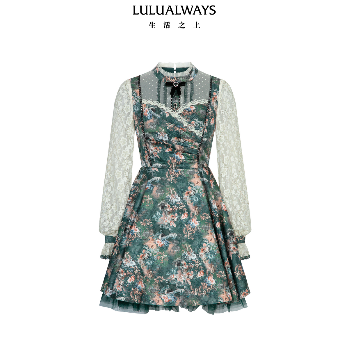 LULUALWAYS我爱露露26春季新款复古宫廷风浪漫A 字蕾丝长袖连衣裙