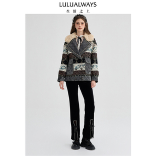 时尚 LULUALWAYS 新款 商场同款 大翻领绣花牛仔拼接短外套 冬季