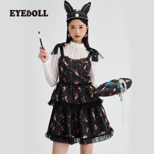 EYEDOLL 法式复古千禧风印花蝴蝶结蕾丝边吊带连衣裙蓬蓬蛋糕裙女