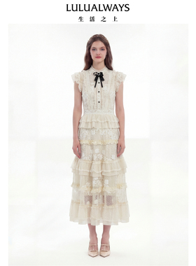 LULUALWAYS【商场同款】26夏季新款法式飞飞袖白色蕾丝连衣裙长裙