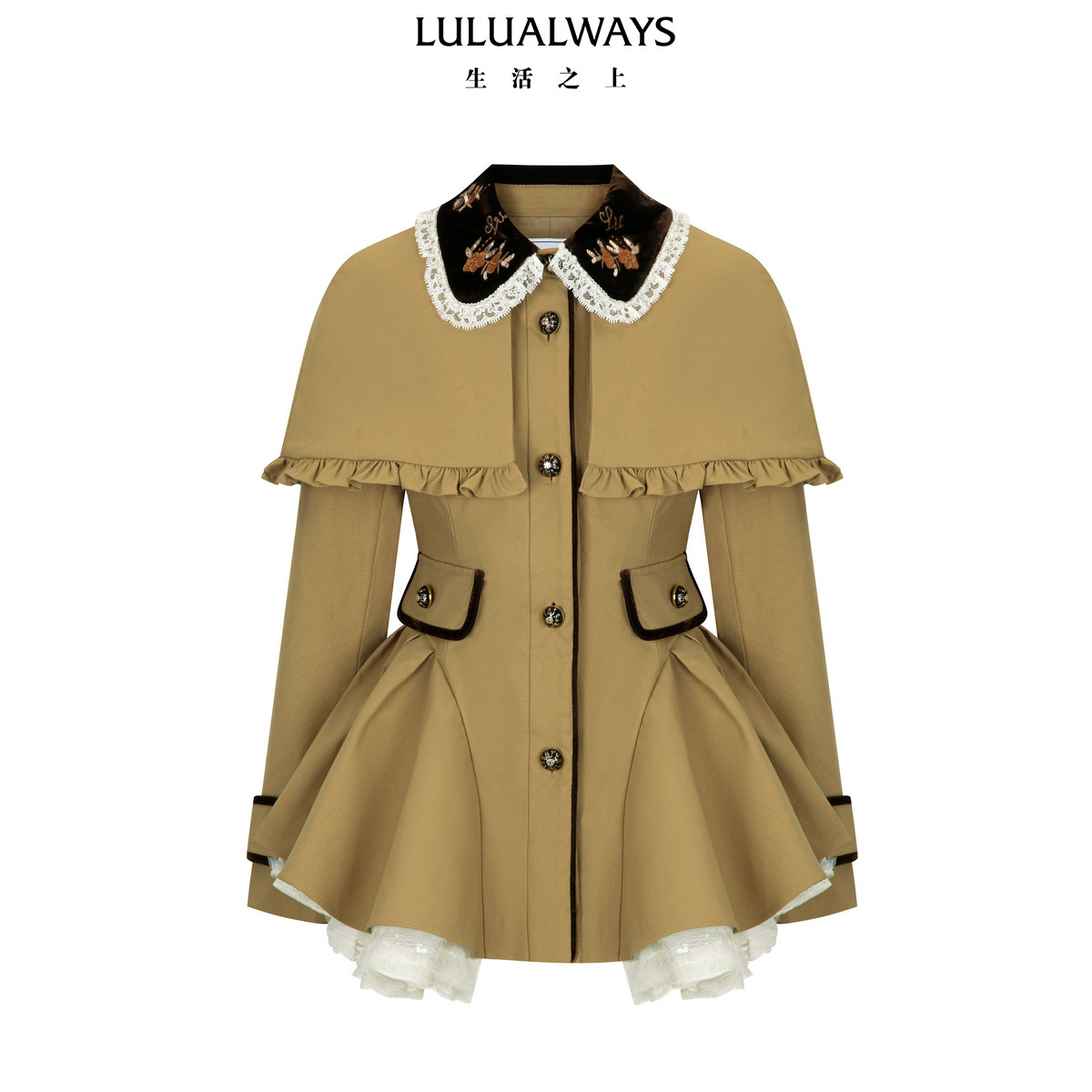 LULUALWAYS【商场同款】26秋季新款斗篷蕾丝娃娃领荷叶边收腰风衣