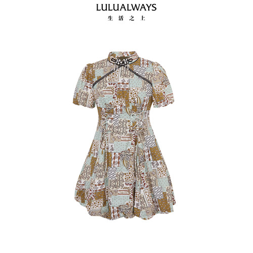 LULUALWAYS【商场同款】秋季新款复古高腰绑带短款连衣裙蓬蓬裙