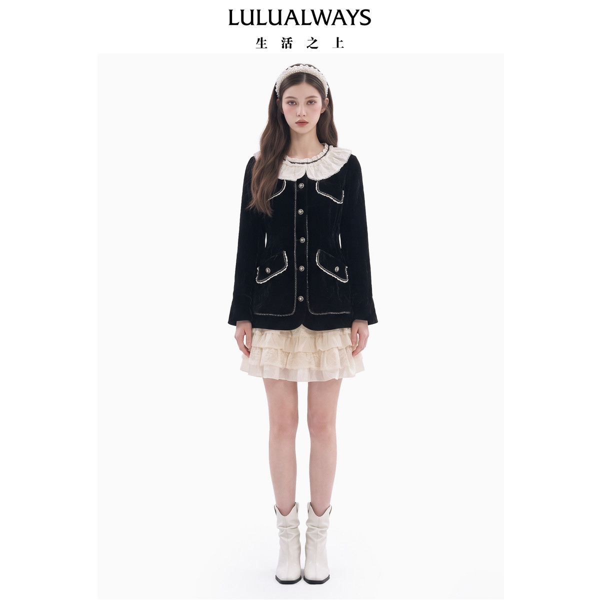 LULUALWAYS我爱露露26冬季新款复古宫廷撞色蕾丝娃娃领中长款外套