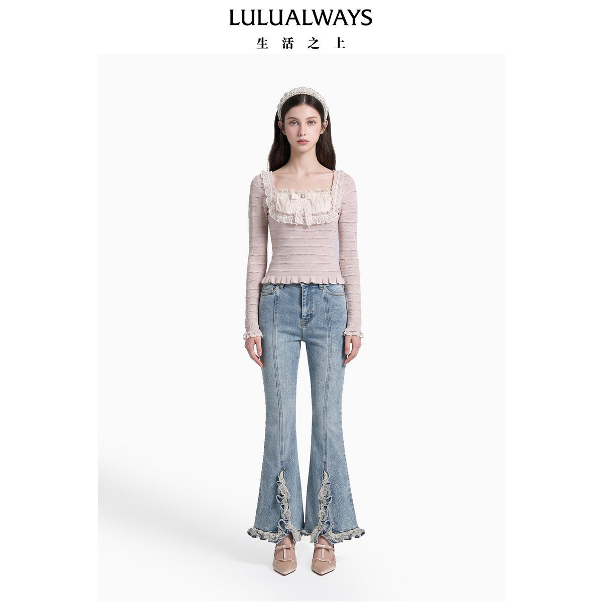 LULUALWAYS【商场同款】26秋季新款蕾丝花边高腰微喇开叉牛仔裤