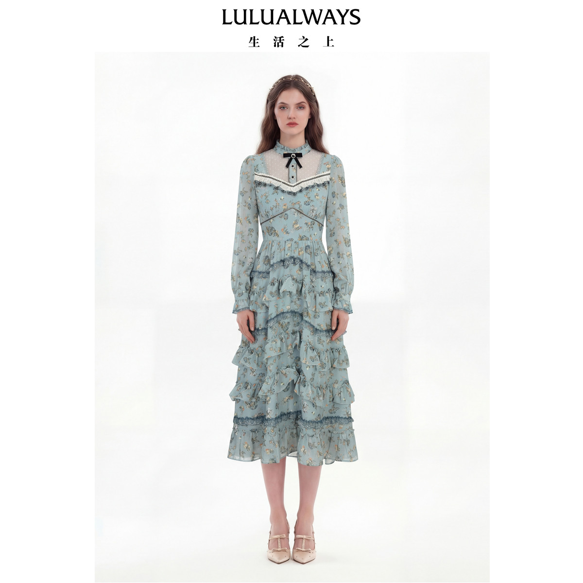 LULUALWAYS我爱露露26春季新款复古田园温柔蓝色蛋糕裙雪纺连衣裙