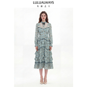 LULUALWAYS我爱露露26春季 新款 复古田园温柔蓝色蛋糕裙雪纺连衣裙