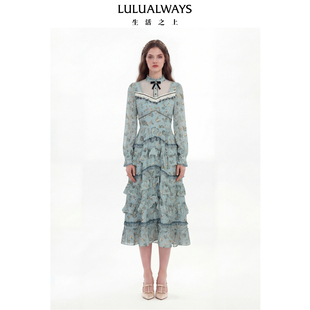 LULUALWAYS我爱露露26春季新款复古田园温柔蓝色蛋糕裙雪纺连衣裙