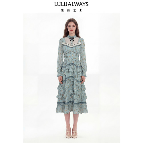 LULUALWAYS我爱露露26春季新款复古田园温柔蓝色蛋糕裙雪纺连衣裙