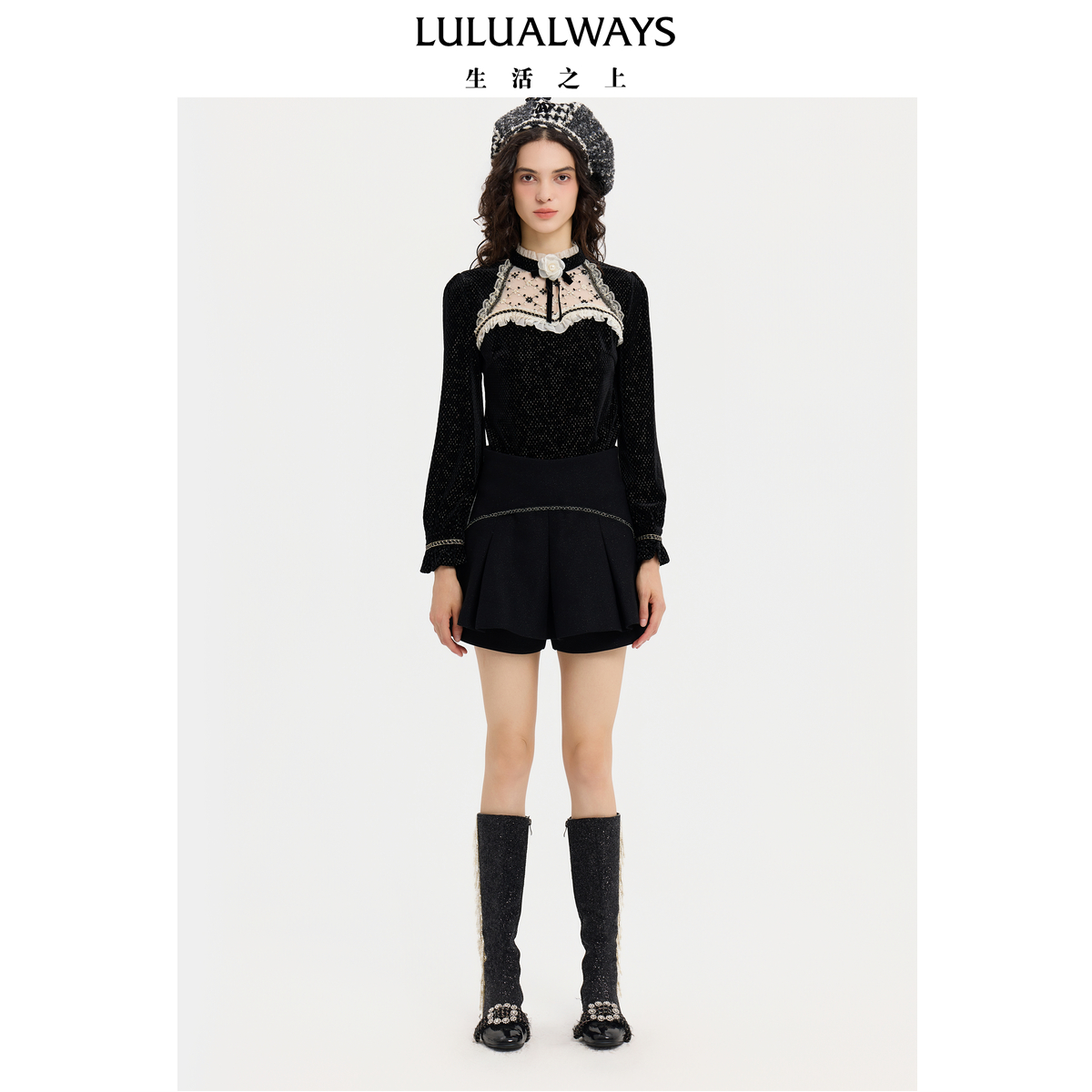 LULUALWAYS【商场同款】25冬季新款复古优雅气质蕾丝网纱拼接上衣