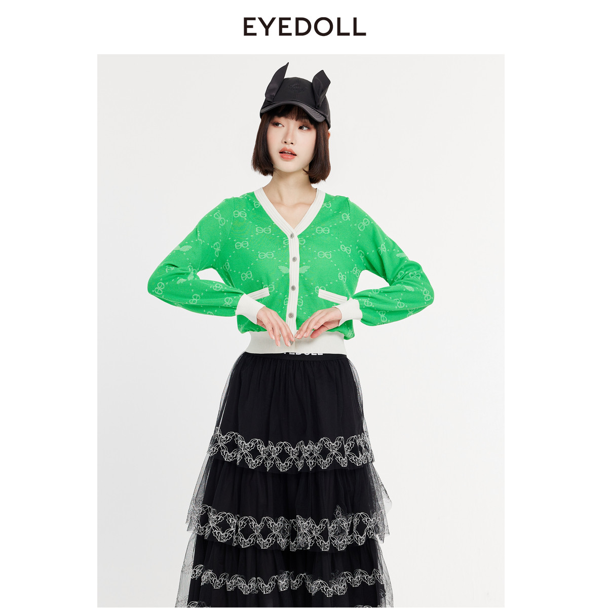 EYEDOLL新款时尚青春洋气短款绿色针织开衫