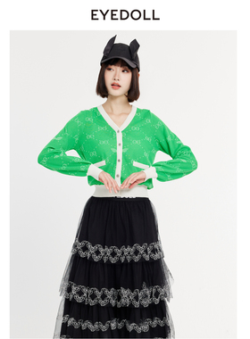 EYEDOLL新款时尚青春洋气短款绿色针织开衫