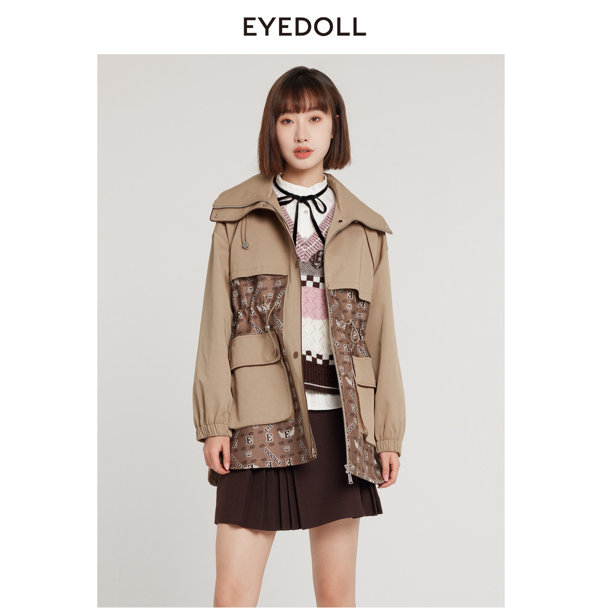 EYEDOLL新款设计感波嬉拼接抽绳中长款风衣外套
