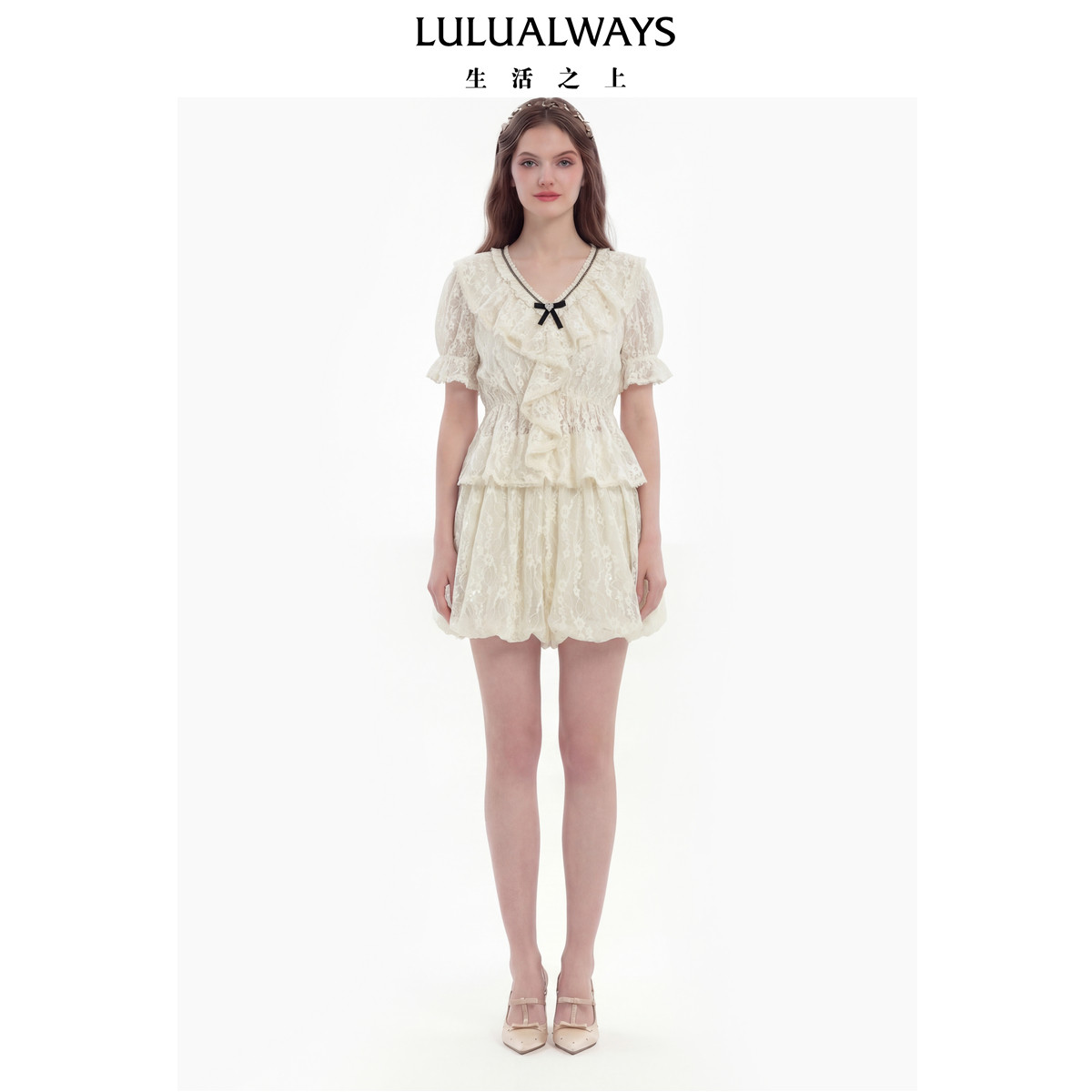 LULUALWAYS我爱露露26夏季新款甜美温柔风米白色蕾丝泡泡袖上衣女