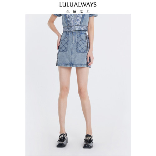 LULUALWAYS我爱露露夏季简约小A字高腰蓝色牛仔短半裙